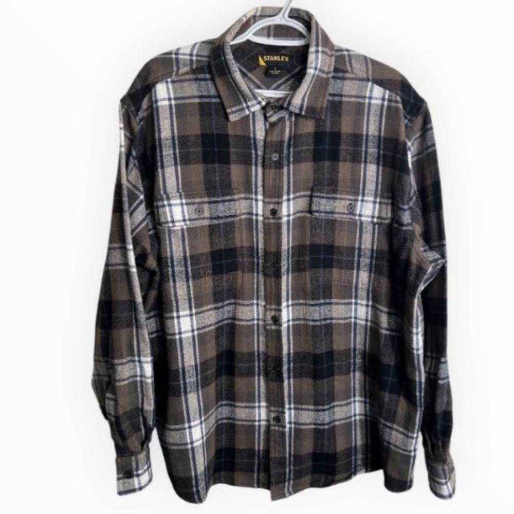 Stanley Mens Flannel Shirt Large Brown Black Plaid Long Sleeve Button Up Cotton